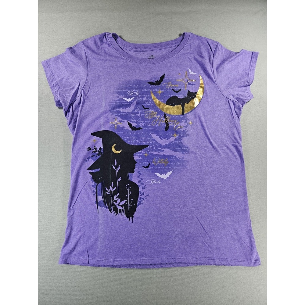 Celebrate Halloween All Hallows Eve Witch Shirt Purple Graphic Tee Gold Moon XL